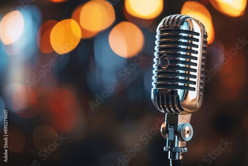Retro microphone in front of blurred lights. This photo is perfect for projects about music, entertainment, or vintage aesthetics.