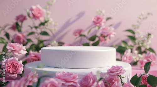 Wallpaper Mural Podium with pink roses and purple flowers on pastel background for product presentation, beauty showcase scene Torontodigital.ca