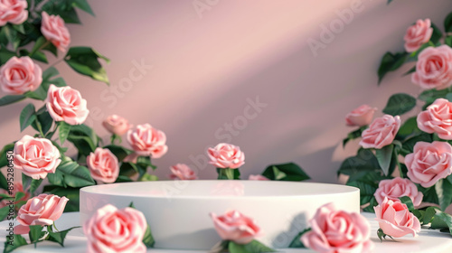 Fototapeta Naklejka Na Ścianę i Meble -  Podium with pink roses and purple flowers on pastel background for product presentation, beauty showcase scene