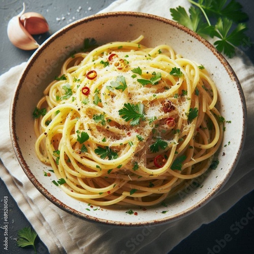 Prato de macarronada espaguete com folhas de manjericão, tomate cereja picado, molho de tomate e alho na tigela. photo