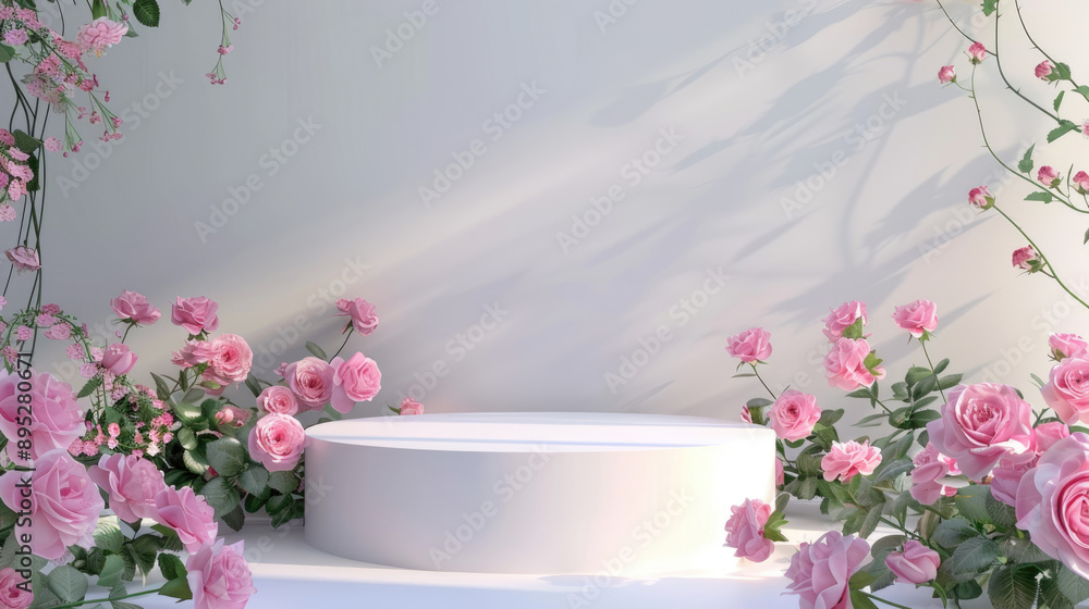 Podium with pink roses and purple flowers on pastel background for product presentation, beauty showcase scene Podium with pink roses and purple flowers on pastel background for product presentation, beauty showcase scene