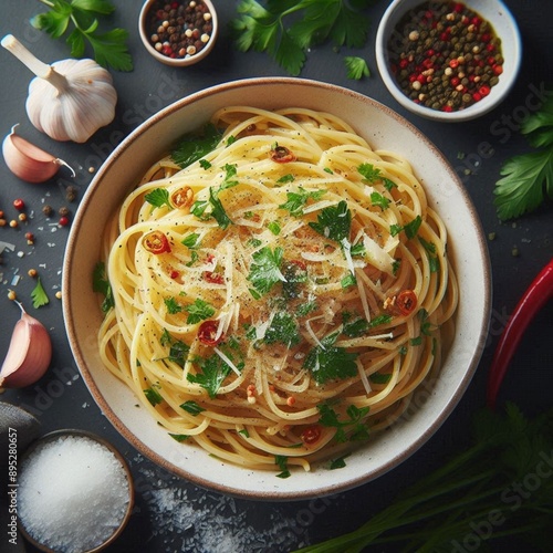 Prato de macarronada espaguete com folhas de manjericão, tomate cereja picado, molho de tomate e alho na tigela. photo