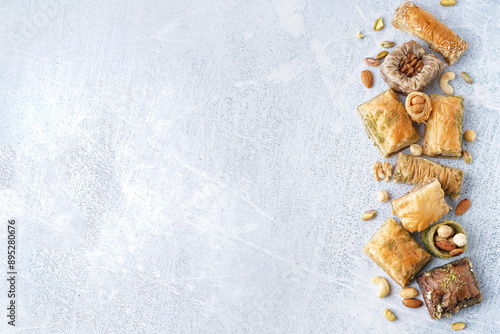 Tasty baklava on light back...