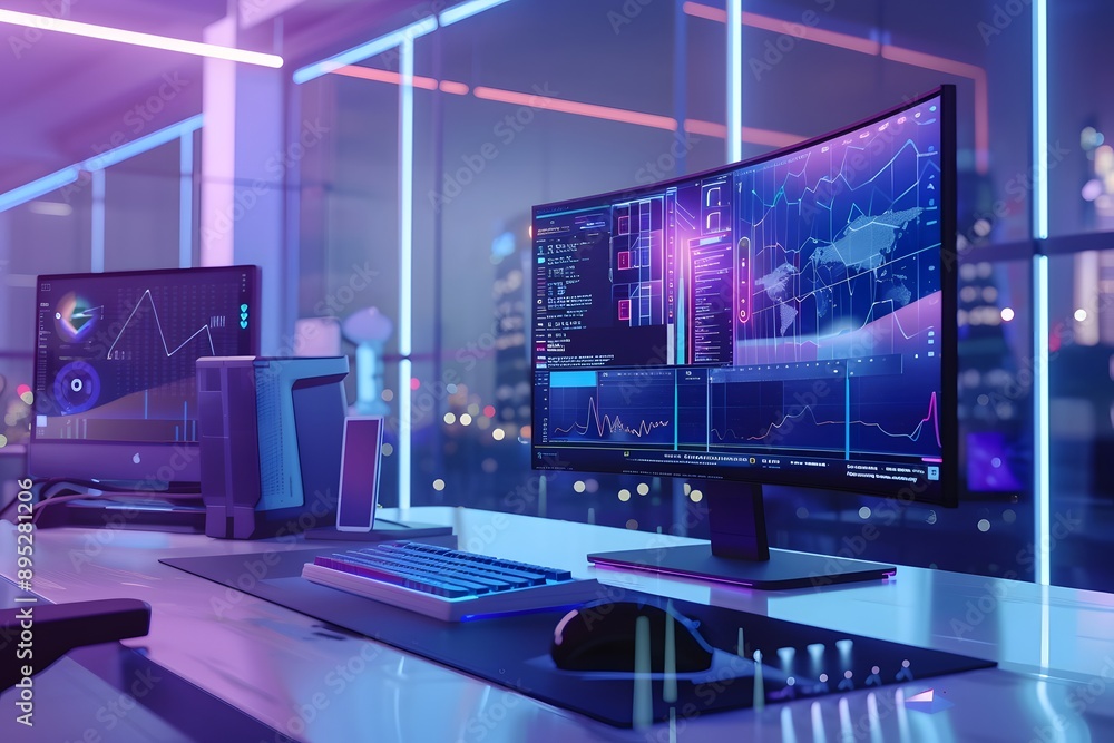 Modern Tech Office With Neon Lights And City Skyline Modern Tech Office With Neon Lights And City Skyline