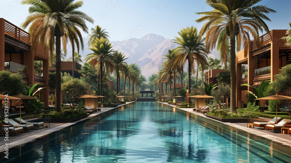 Obraz premium swimming pool in luxury resort or hotel, travel to enjoy relaxation. Design for Wall Art, Poster Print, Wallpaper & Background