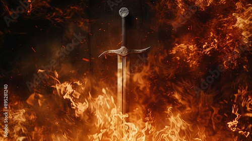 mysterious and magical photo of silver sword with fire flames over Gothic snowy black background. Medieval period concept