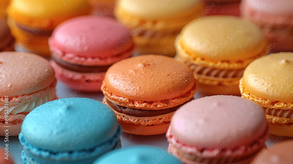 Close-Up of Colorful Macarons with Delicate Shells and Flavorful Fillings, Arranged Artistically on a Plate Close-Up of Colorful Macarons with Delicate Shells and Flavorful Fillings, Arranged Artistically on a Plate