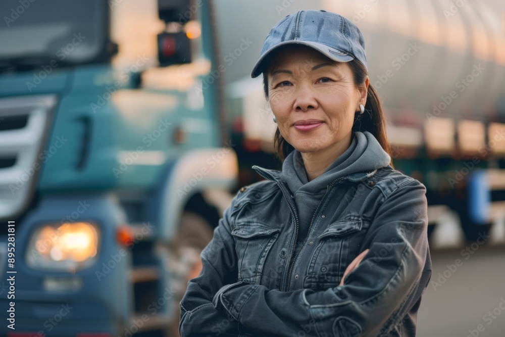 Portrait of a middle aged Asian female truck driver Portrait of a middle aged Asian female truck driver