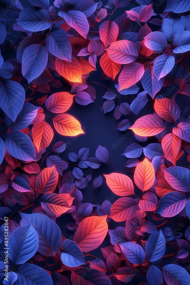 Neon-lit vibrant leaves creating a magical and serene atmosphere Neon-lit vibrant leaves creating a magical and serene atmosphere
