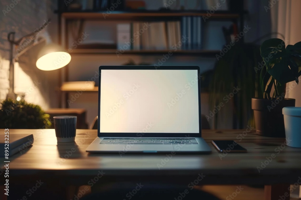Laptop on home office desk with blank screen Laptop on home office desk with blank screen