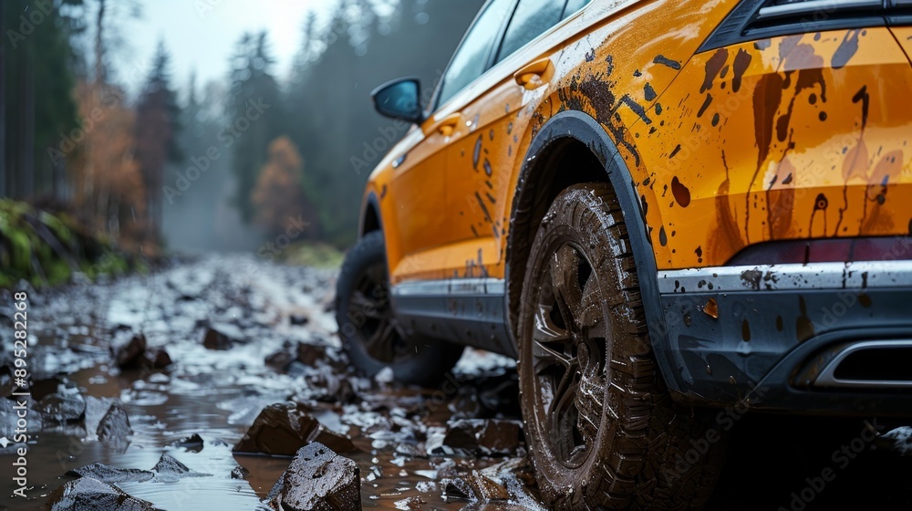 Fototapeta premium Muddy suv in forest trail - generative ai