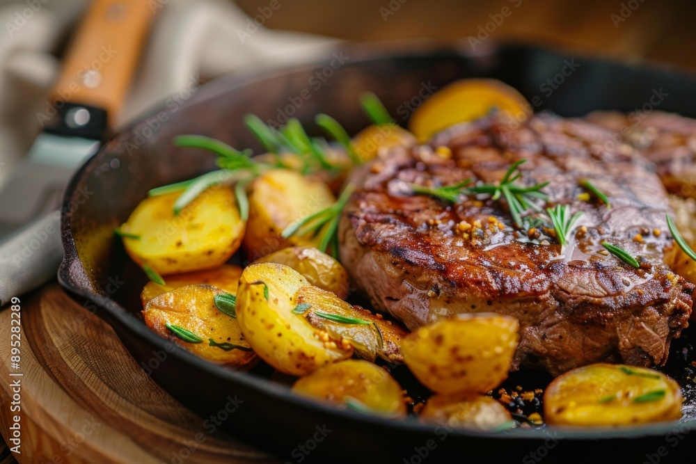Steak and golden potatoes on rustic wooden table Steak and golden potatoes on rustic wooden table