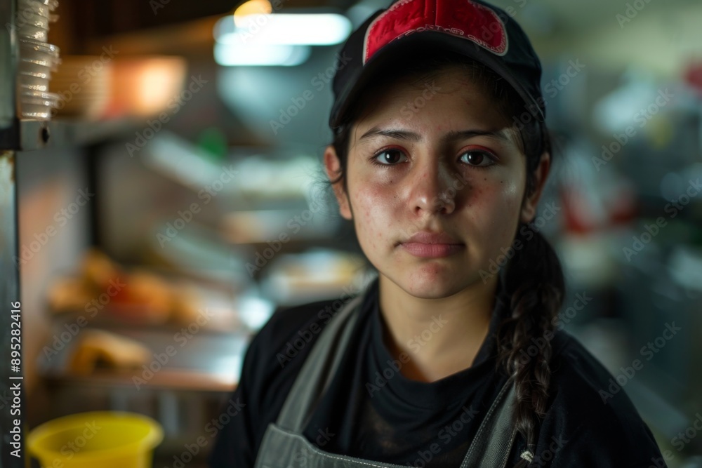 Portrait of a young adult mexican female fast food worker Portrait of a young adult mexican female fast food worker