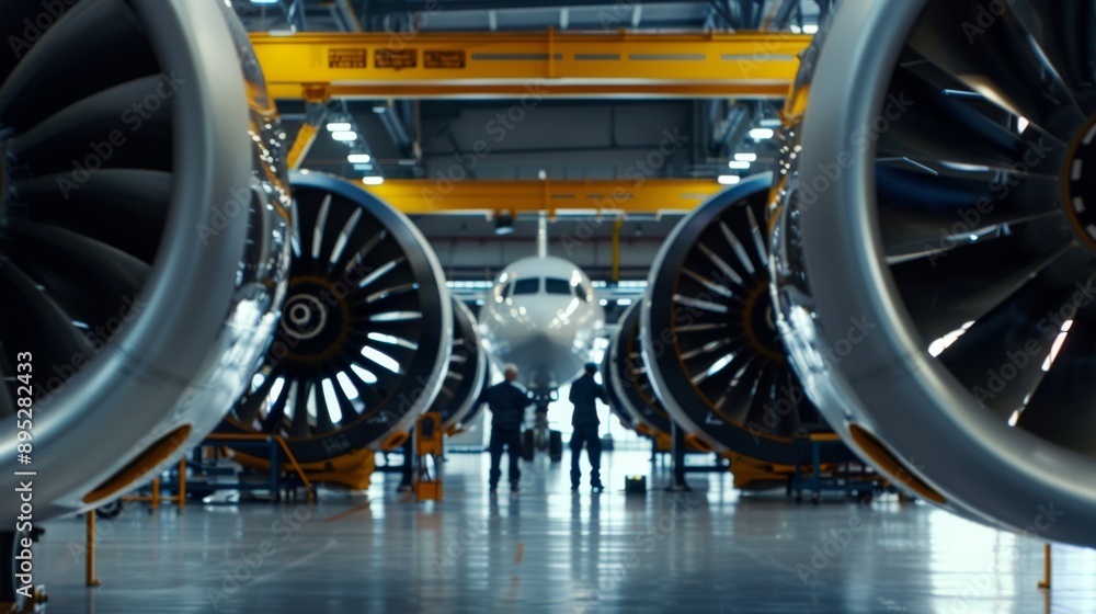 A sophisticated industrial aerospace research facility with engineers ...