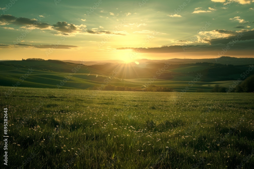 Fototapeta premium Solar farm on lush green field with sunset