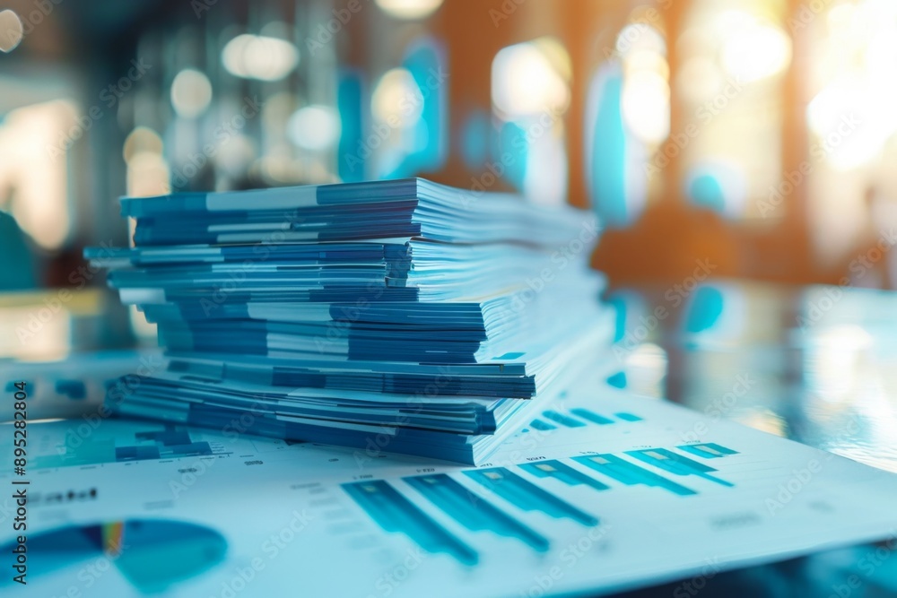 Collection of graphs and analytics charts on office desk Collection of graphs and analytics charts on office desk