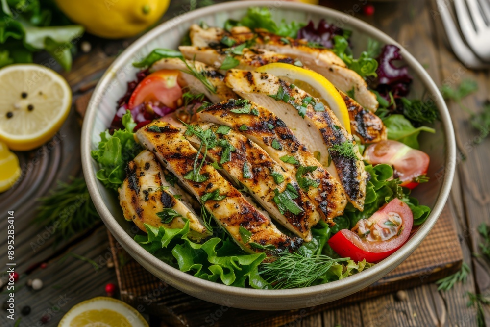 Grilled lemon herb chicken salad in bowl on table Grilled lemon herb chicken salad in bowl on table