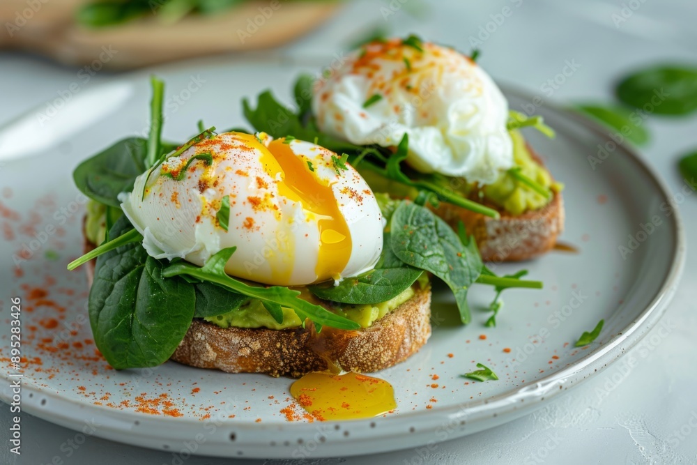 Avocado toast with poached eggs on plate Avocado toast with poached eggs on plate