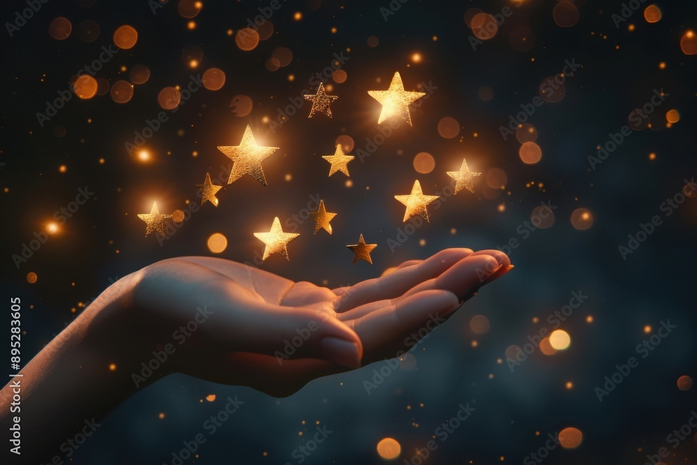 Star rating icons floating above satisfied client, with copy space Star rating icons floating above satisfied client, with copy space