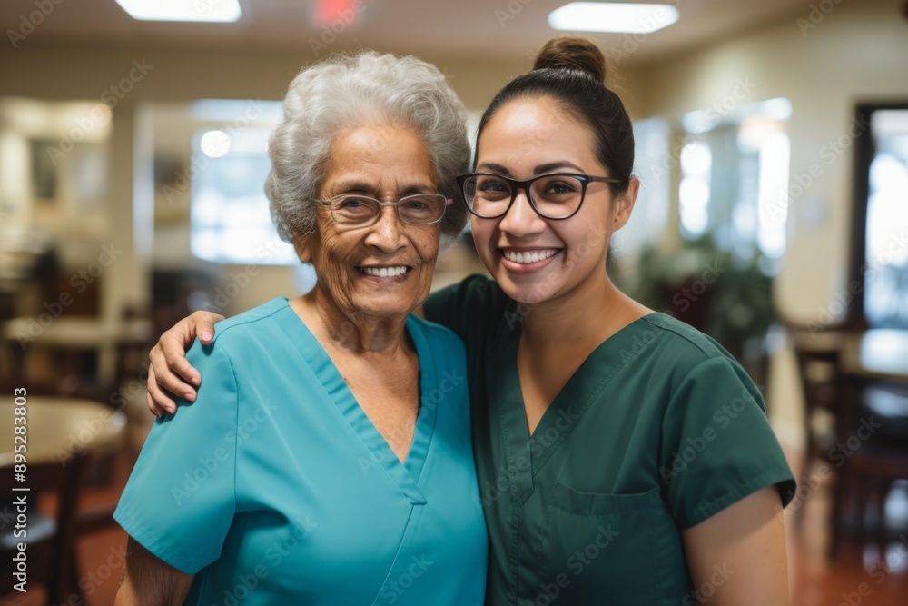 Portrait of a smiling senior woman with caregiver in nursing home Portrait of a smiling senior woman with caregiver in nursing home