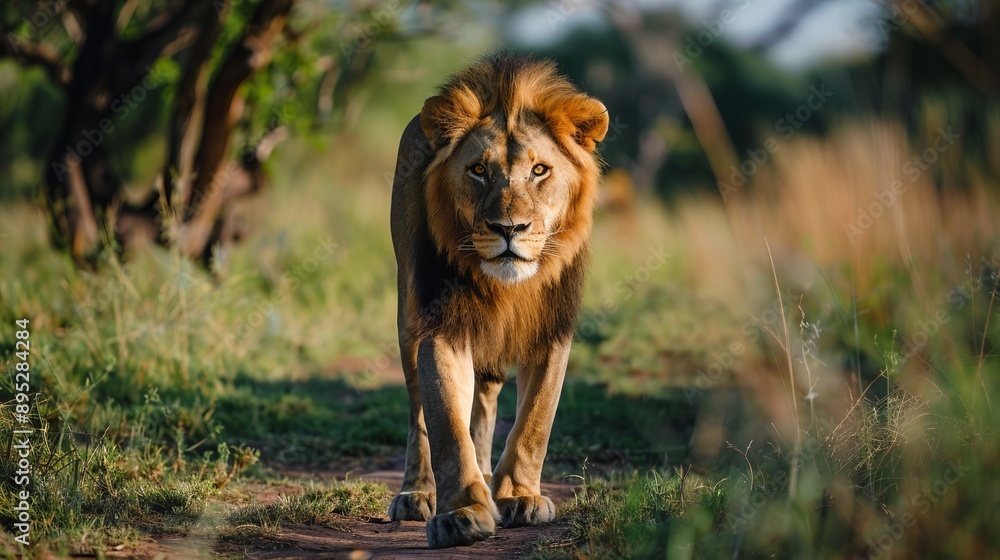 Fototapeta premium Male lion (Panthera leo) standing in long grass, side view