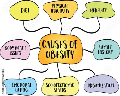lifestyle, genetic, environmental and pychological causes of obesity, mind map infographics sketch