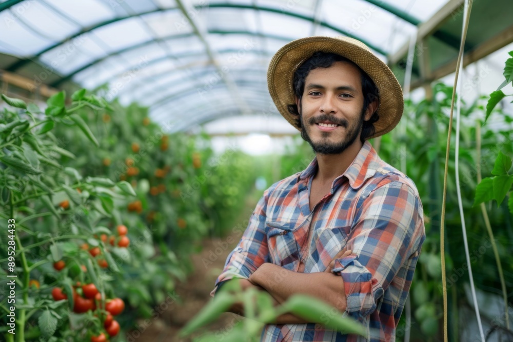 Obraz premium Interior of a greenhouse with young male farmer