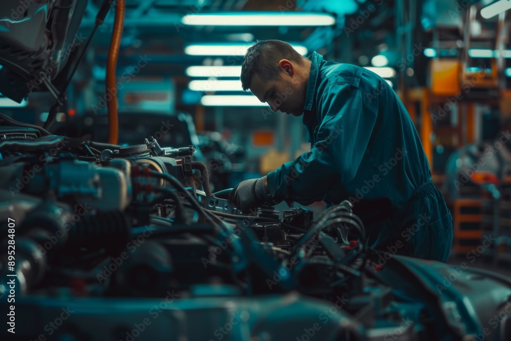 Car mechanic performing maintenance on vehicle Car mechanic performing maintenance on vehicle