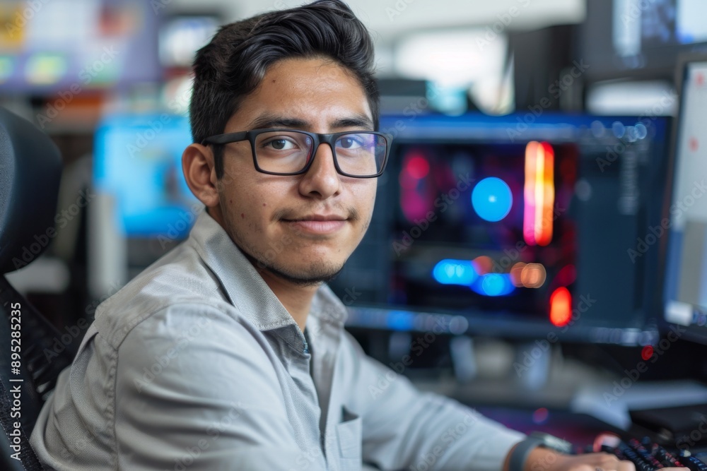Young male IT specialist in smart casual clothes at office desk Young male IT specialist in smart casual clothes at office desk