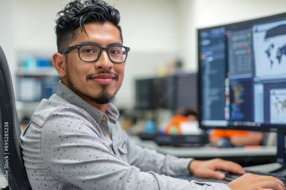 Young male IT specialist in smart casual clothes at office desk Young male IT specialist in smart casual clothes at office desk