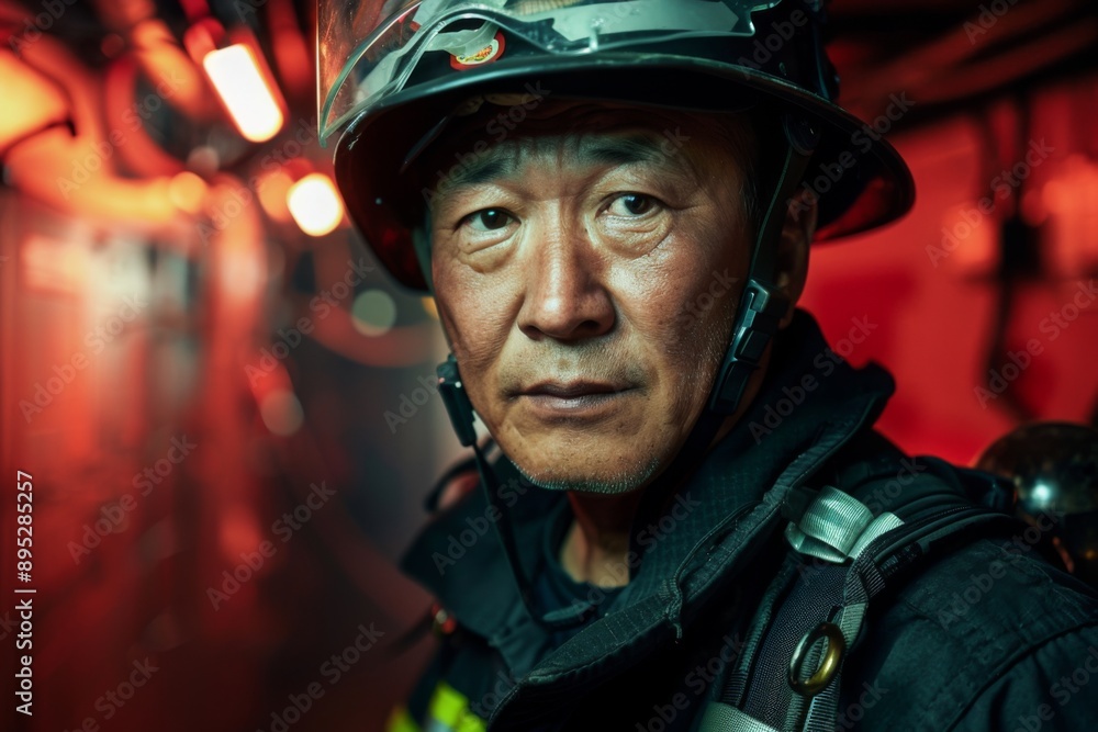 Portrait of a middle aged male Asian firefighter Portrait of a middle aged male Asian firefighter