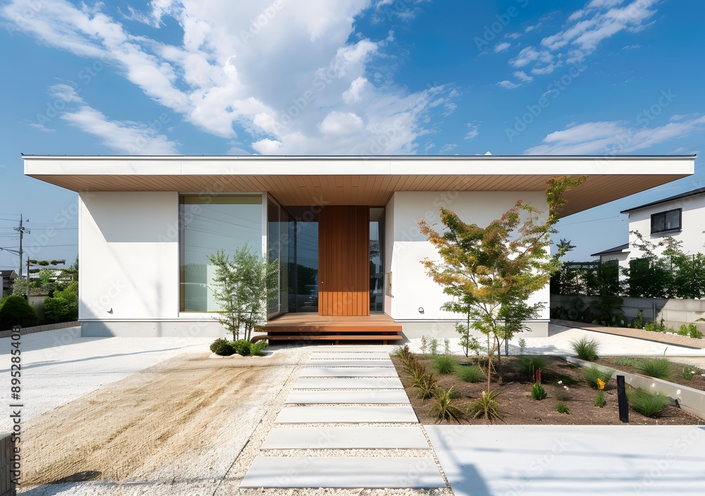 Modern White House with Wooden Door and Stone Pathway Modern White House with Wooden Door and Stone Pathway