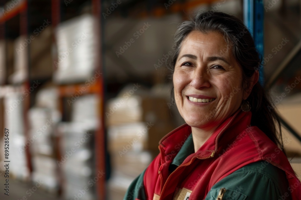 Fototapeta premium Portrait of a smiling middle aged female warehouse worker