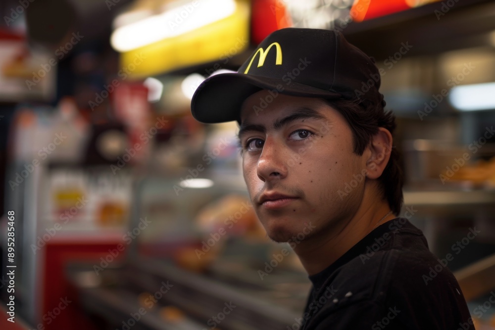 Portrait of a young adult mexican male fast food worker Portrait of a young adult mexican male fast food worker