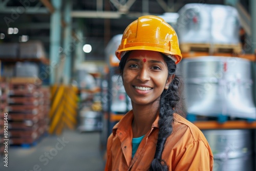 Portrait of a smiling young Indian woman in warehouse