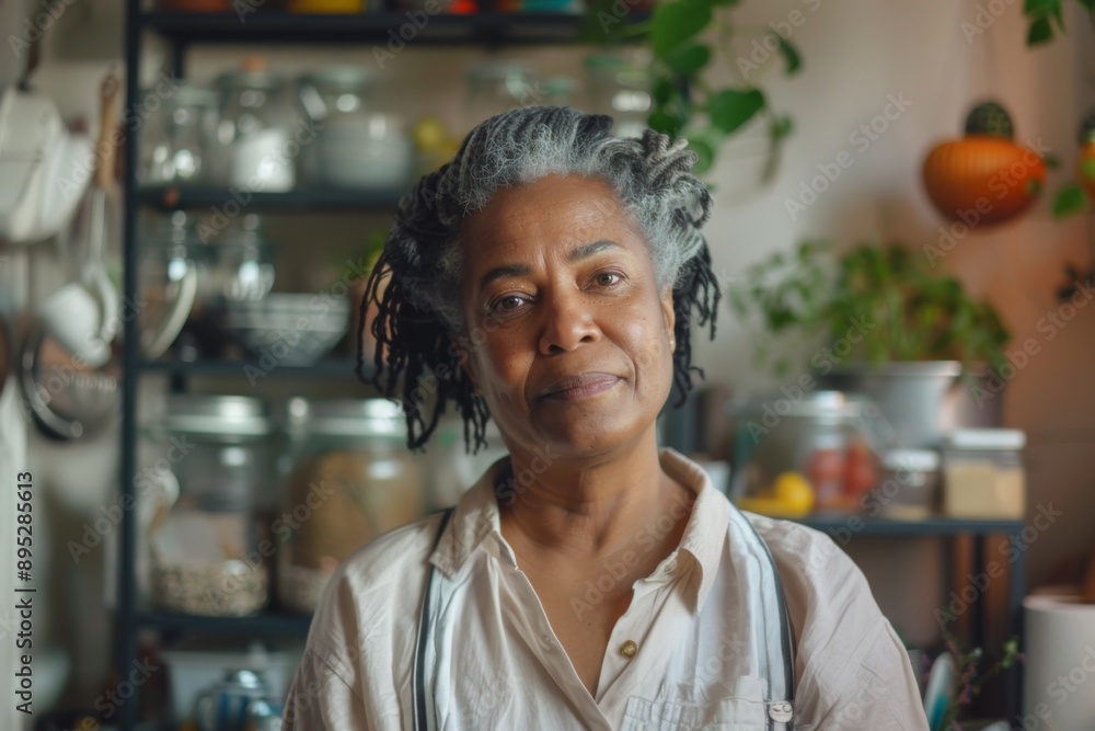 Portrait of a middle aged black woman in zero waste store Portrait of a middle aged black woman in zero waste store