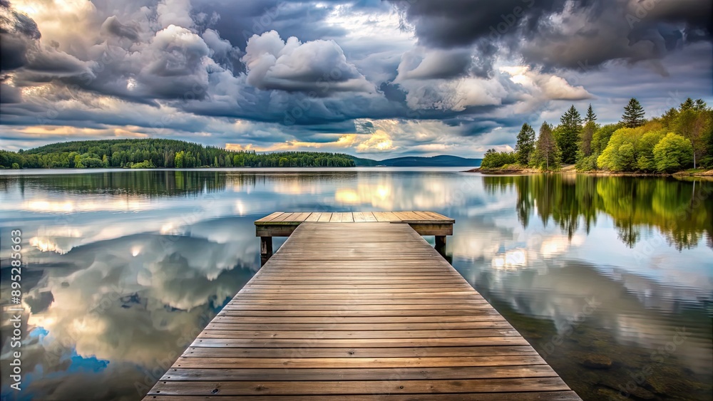 Scenic dock overlooking a tranquil overcast lake , tranquil, serene, serene, calm, overcast, dock, lake, landscape, hdr Scenic dock overlooking a tranquil overcast lake , tranquil, serene, serene, calm, overcast, dock, lake, landscape, hdr