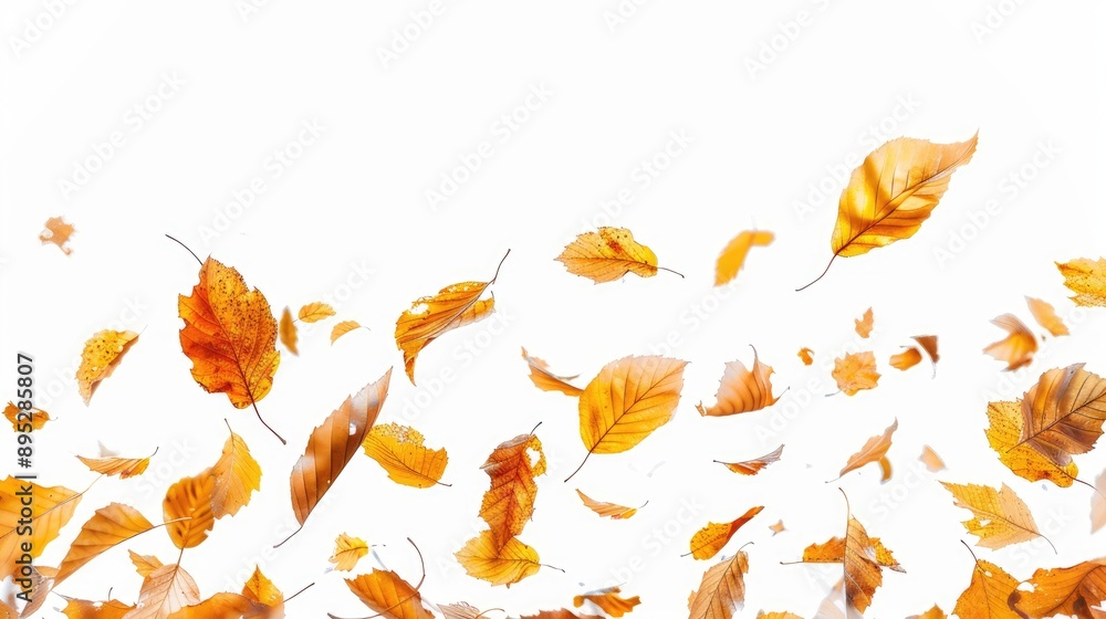Leaves fall in autumn against white backdrop Leaves fall in autumn against white backdrop