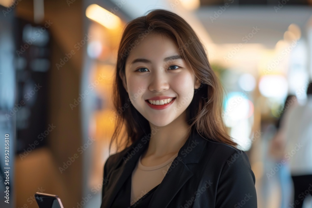 Portrait of a smiling young Asian female sales representative with smartphone Portrait of a smiling young Asian female sales representative with smartphone