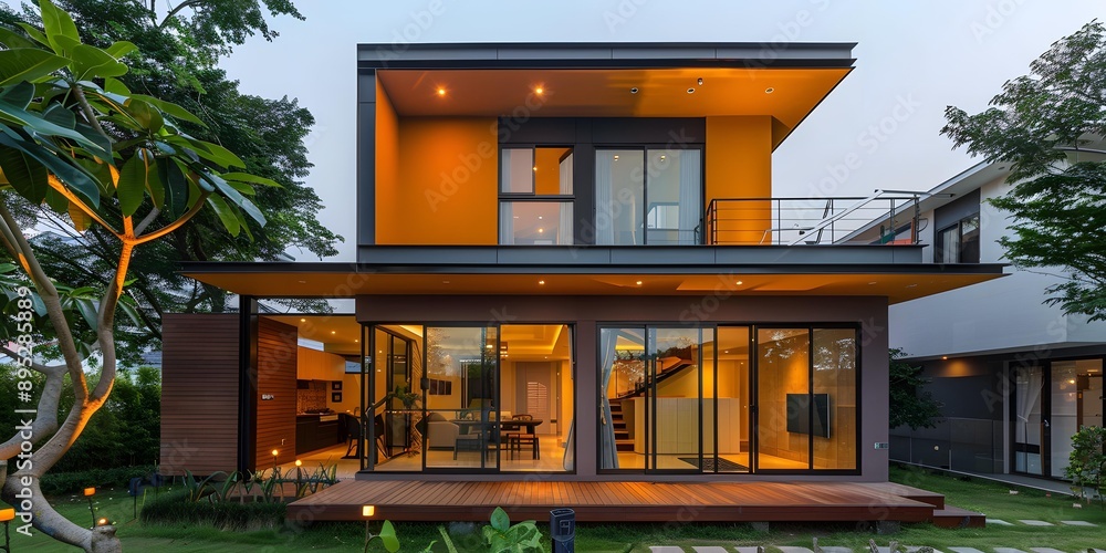 Modern Yellow House With Glass Doors and Wooden Deck Modern Yellow House With Glass Doors and Wooden Deck