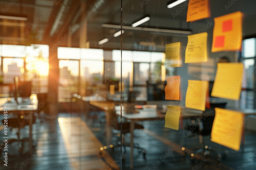 Post it notes on a glass wall in modern office
