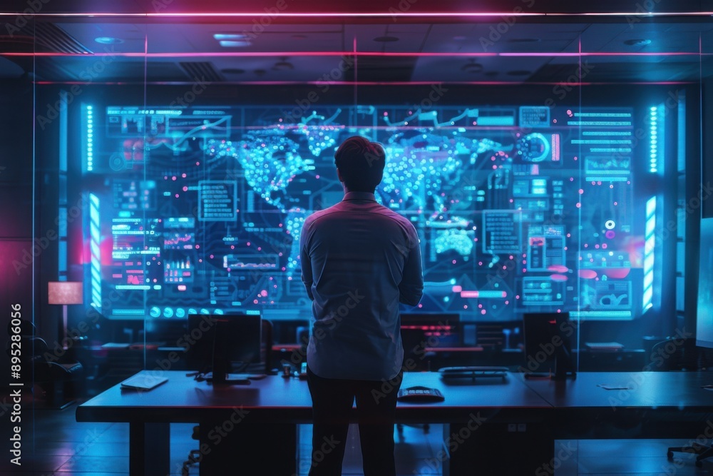 Executive analyzing data on holographic screens, in a futuristic office, with copy space Executive analyzing data on holographic screens, in a futuristic office, with copy space