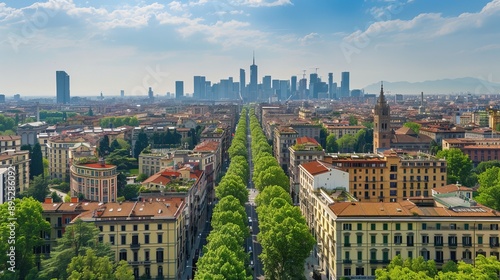 Aerial view of Bosco Vertical in Milan Porta Nuova district also known as Vertical forest buildings. Residential buildings with many trees and other plants in balconies photo