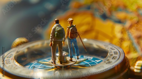 Miniature back packers are standing on a printed world map