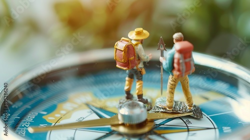 Miniature back packers are standing on a printed world map