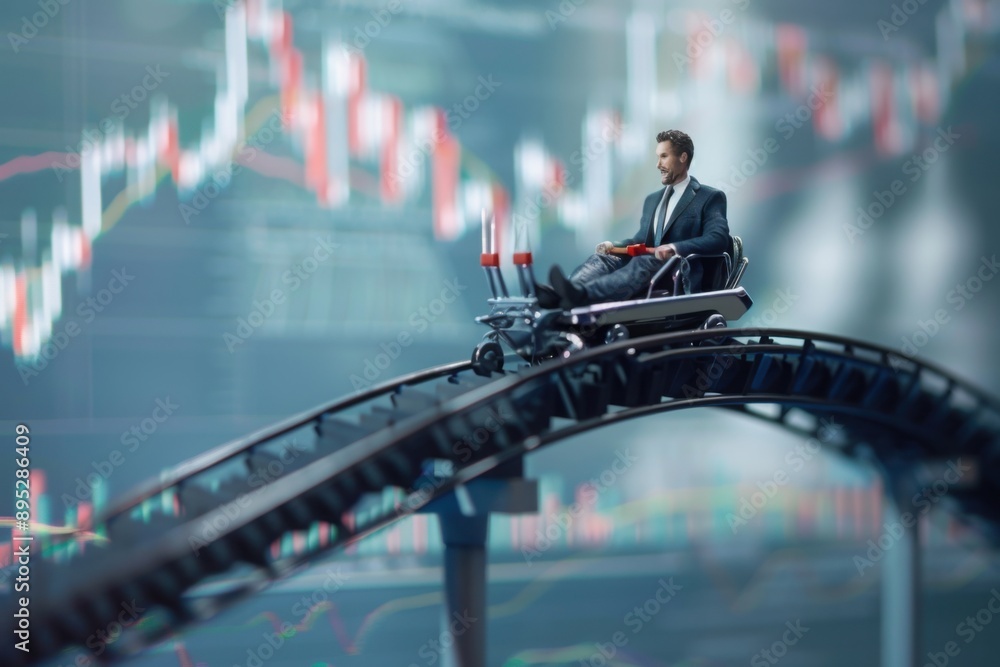 financial analyst riding a stock market roller coaster, with copy space financial analyst riding a stock market roller coaster, with copy space