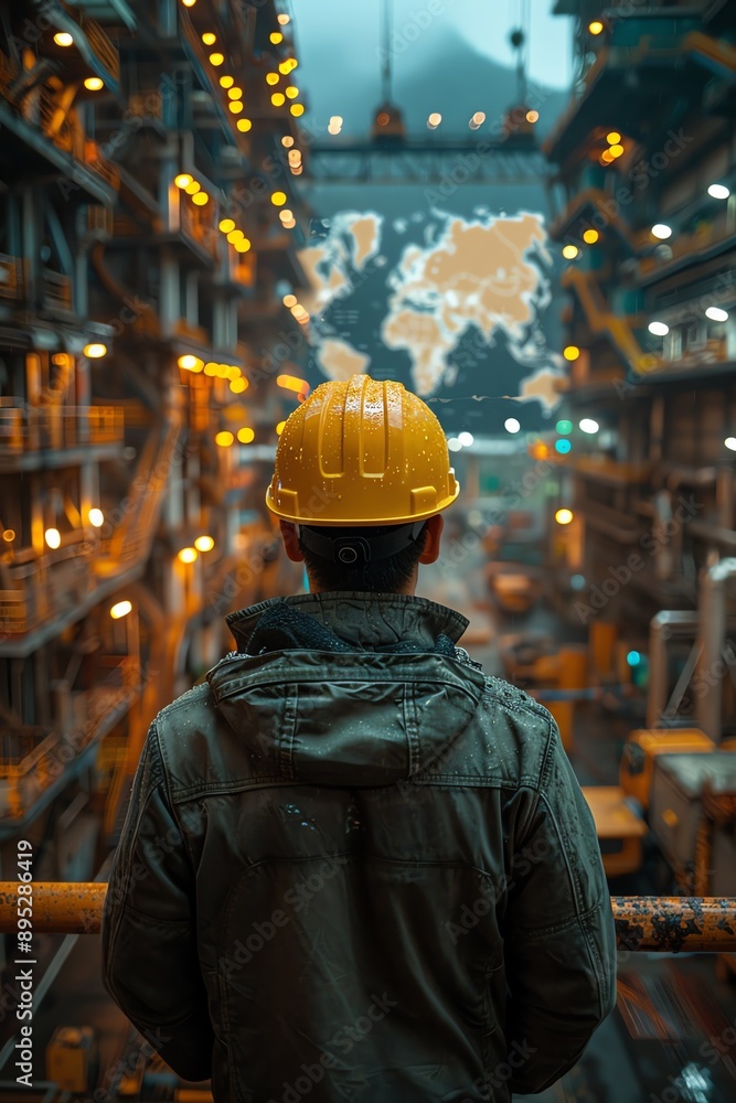 Worker in hard hat observing digital world map in warehouse, interconnected lights, dim lighting Worker in hard hat observing digital world map in warehouse, interconnected lights, dim lighting