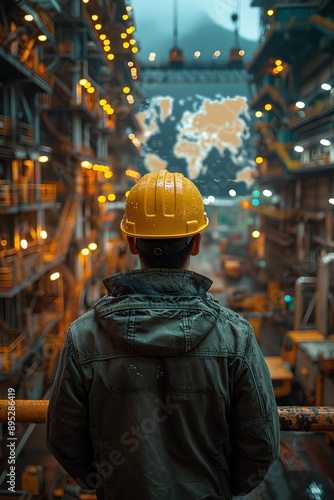 Worker in hard hat observing digital world map in warehouse, interconnected lights, dim lighting