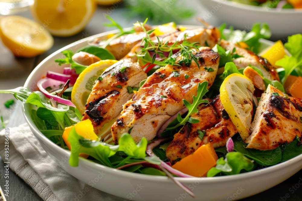 Grilled lemon herb chicken salad in bowl on table Grilled lemon herb chicken salad in bowl on table