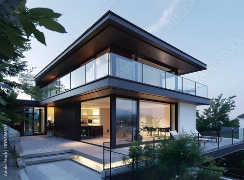 Modern Home With Glass Railings And Large Windows © Adobe Contributor